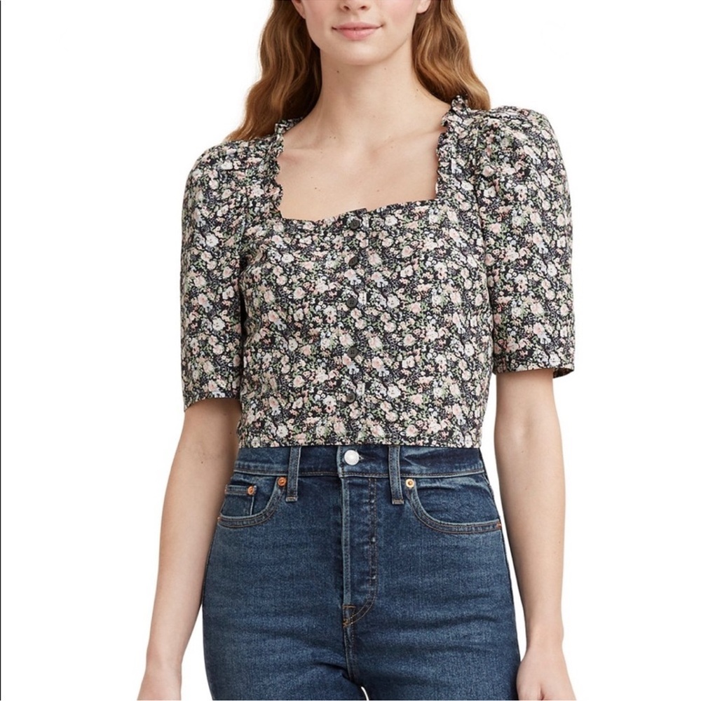 LEVIS Womens Black Ruffled Buttoned Elbow Puff Sleeves Floral Square Neck Blouse